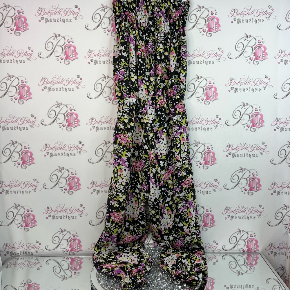 Strapless one piece jumpsuit pants smocked flowers Floral Wide-Leg Pants cuffed